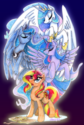 Size: 2362x3509 | Tagged: safe, artist:cihiiro, derpibooru import, princess celestia, princess luna, sunset shimmer, twilight sparkle, twilight sparkle (alicorn), alicorn, pony, unicorn, book, eyes closed, flying, smiling, traditional art