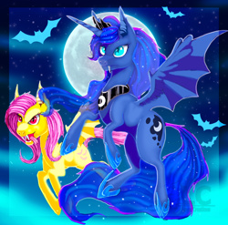 Size: 1024x1011 | Tagged: safe, artist:may-li128, fluttershy, princess luna, alicorn, bat, bat pony, bat pony alicorn, pony, bat ponified, female, flutterbat, flying, lunabat, mare, moon, night, race swap, stars