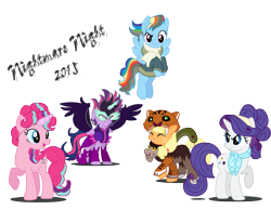 Size: 2603x2147 | Tagged: safe, artist:schnuffitrunks, derpibooru import, applejack, chimera sisters, midnight sparkle, pinkie pie, rainbow dash, rarity, starlight glimmer, suri polomare, twilight sparkle, twilight sparkle (alicorn), wind rider, alicorn, chimera, equestria girls, friendship games, rarity investigates, clothes, costume, fake horn, multiple heads, nightmare night, simple background, three heads, transparent background