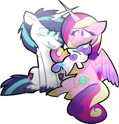 Size: 1277x1328 | Tagged: safe, artist:olivecow, princess cadance, princess flurry heart, shining armor, alicorn, pony, unicorn, cutie mark, female, filly, foal, horns are touching, jewelry, looking at each other, male, mare, missing accessory, regalia, simple background, sitting, sleeping, smiling, stallion, tired, transparent background, trio