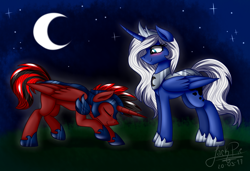 Size: 1900x1300 | Tagged: safe, artist:jack-pie, princess luna, oc, alicorn, pony, alicorn oc, armor, blushing, bowing, canon x oc, commission, crescent moon, helmet, male, moon, night guard, shipping, signature, smiling, stallion