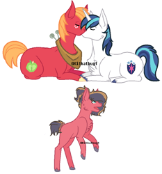 Size: 754x808 | Tagged: safe, artist:kitkatbug1, big macintosh, shining armor, oc, earth pony, pony, unicorn, chest fluff, eyes closed, gay, infidelity, kissing, magical gay spawn, male, offspring, open mouth, parent:big macintosh, parent:shining armor, parents:shiningmac, shiningmac, shipping, simple background, stallion, unshorn fetlocks, white background