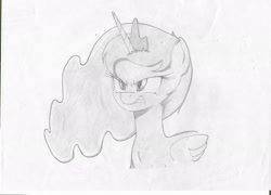 Size: 2339x1684 | Tagged: safe, artist:chuliyagus, princess luna, alicorn, pony, frown, grayscale, gritted teeth, monochrome, simple background, solo, traditional art