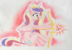Size: 4080x2824 | Tagged: safe, artist:friendshipishorses, princess cadance, alicorn, pony, aiming, anatomically incorrect, arrow, bow (weapon), bow and arrow, cupid, cupidance, incorrect leg anatomy, looking away, princess of love, princess of shipping, shipper on deck, sitting, solo, tongue out, traditional art, weapon