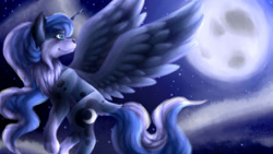 Size: 1920x1080 | Tagged: safe, artist:sketchthebluepegasus, princess luna, wolf, flying, moon, night, solo, species swap, stars