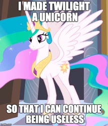 Size: 500x583 | Tagged: safe, derpibooru import, princess celestia, twilight sparkle, alicorn, pony, background pony strikes again, celestia hate, drama, drama bait, image macro, low quality bait, meme, op didn't even try, op is a cuck, op is trying to start shit