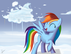 Size: 1700x1300 | Tagged: safe, artist:warfost, rainbow dash, pegasus, pony, cloudsdale, smiling, solo