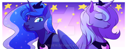 Size: 900x351 | Tagged: safe, artist:g-blue16, princess luna, alicorn, pony, duo, eyes closed, looking at you, s1 luna, sad, self ponidox, smiling, stars, watermark