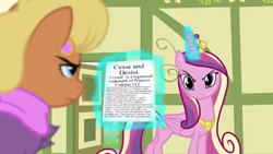 Size: 640x360 | Tagged: safe, edit, edited screencap, screencap, ms. harshwhinny, princess cadance, alicorn, pony, flight to the finish, cease and desist, donald trump, make equestria great again, out of character, poltiics, this will end in firing, this will end in tears, this will end in unemployment, trump, tyrant cadance