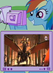 Size: 878x1200 | Tagged: safe, rainbow dash, pegasus, pony, beast hunters, exploitable meme, female, hub logo, ign, mare, predaking, smiling, transformers, transformers prime, tv meme