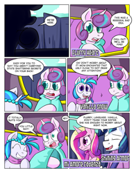 Size: 1280x1656 | Tagged: safe, artist:zanezandell, princess cadance, princess flurry heart, shining armor, oc, oc:vanilla snow, alicorn, pony, unicorn, comic:cmcnext, carriage, cloak, clothes, cmcnext, comic, curtains, dialogue, espionage, eyes closed, father, female, filly, male, mare, mother, mother and father, nervous, offspring, older, older flurry heart, parent:princess cadance, parent:shining armor, parents:shiningcadance, purple, shadow, siblings, silhouette, sisters, speech bubble, stallion, vulgar