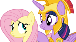 Size: 4923x2756 | Tagged: safe, artist:shutterflyeqd, derpibooru import, fluttershy, twilight sparkle, twilight sparkle (alicorn), alicorn, pegasus, pony, scare master, armor, athena sparkle, clothes, costume, female, mare, nightmare night