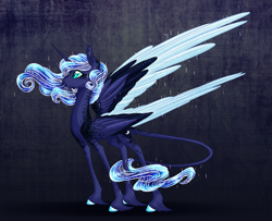 Size: 2300x1866 | Tagged: safe, artist:australian-senior, princess luna, alicorn, classical unicorn, pony, unicorn, alternate design, alternate universe, colored hooves, colored wings, colored wingtips, goddess, kirindos, leonine tail, simple background, solo, unshorn fetlocks