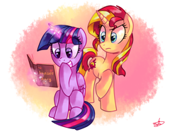 Size: 2000x1578 | Tagged: dead source, safe, artist:lightof-dawn, derpibooru import, sunset shimmer, twilight sparkle, twilight sparkle (alicorn), alicorn, pony, diary, eye clipping through hair, female, giggling, levitation, magic, mare, raised hoof, signature, sitting, style emulation, telekinesis, this will not end well