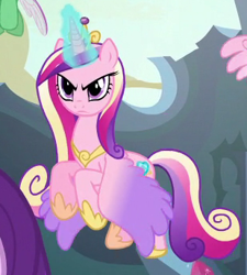 Size: 309x343 | Tagged: safe, screencap, princess cadance, princess flurry heart, starlight glimmer, alicorn, changedling, changeling, pony, to where and back again, angry, colored wings, cropped, female, flying, gradient wings, magic, mare, solo focus