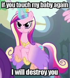 Size: 309x343 | Tagged: safe, edit, edited screencap, screencap, princess cadance, princess flurry heart, starlight glimmer, alicorn, changedling, changeling, pony, to where and back again, angry, cropped, flying, image macro, magic, mama bear, mama cadence, meme, overprotective, solo focus