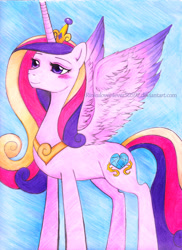 Size: 1024x1410 | Tagged: safe, artist:rinkulover4ever50592, princess cadance, alicorn, pony, blushing, lidded eyes, smiling, solo, spread wings, watermark