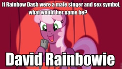 Size: 960x540 | Tagged: safe, cheerilee, rainbow dash, earth pony, pegasus, pony, cheerilee pun, curtain, david bowie, exploitable meme, female, green eyes, image macro, mare, meme, microphone, open mouth, smiling, solo, spotlight, text, two toned mane, two toned tail