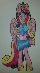 Size: 900x1646 | Tagged: safe, artist:bleedingwings12, princess cadance, anthro, unguligrade anthro, belly button, both cutie marks, clothes, looking at you, midriff, sarong, short shirt, simple background, smiling, solo, traditional art, watermark