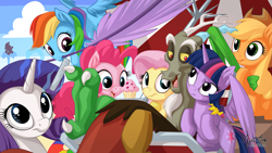 Size: 2560x1440 | Tagged: safe, alternate version, artist:mysticalpha, derpibooru import, applejack, discord, fluttershy, pinkie pie, rainbow dash, rarity, spike, twilight sparkle, twilight sparkle (alicorn), alicorn, dragon, earth pony, pegasus, pony, unicorn, what about discord?, cupcake, fanning, feather, female, levitation, magic, mane seven, mane six, mare, nail file, silhouette, telekinesis, that was fast, towel