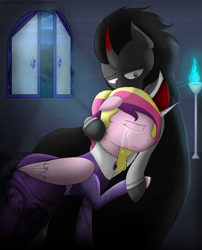 Size: 1252x1549 | Tagged: safe, artist:stuflox, king sombra, princess cadance, alicorn, pony, unicorn, crying, dracula, infidelity, male, sad, shipping, somdance, straight