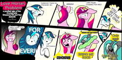 Size: 3302x1623 | Tagged: safe, artist:chaosmauser, princess cadance, queen chrysalis, shining armor, alicorn, changeling, changeling queen, pony, unicorn, comic, game grumps, grumpcade, oneyplays, the simpsons, transformation