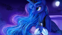 Size: 1920x1080 | Tagged: safe, artist:aelwyng, princess luna, alicorn, pony, balcony, bipedal, bipedal leaning, color porn, crossed hooves, leaning, moon, night, solo, stars