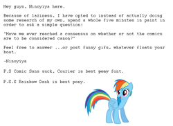 Size: 1216x886 | Tagged: safe, rainbow dash, pegasus, pony, comic sans, comics, courier, font, meta, question, text