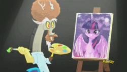 Size: 500x281 | Tagged: safe, derpibooru import, screencap, discord, twilight sparkle, twilight sparkle (alicorn), alicorn, pony, what about discord?, animated, bob ross, brush, canvas, discord's painting, discovery family, discovery family logo, draconiross, easel, exploitable meme, female, mare, meme, painting, palette, parody