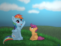 Size: 800x600 | Tagged: safe, artist:blutwistar, rainbow dash, scootaloo, pegasus, pony, blank flank, cloud, duo, duo female, female, filly, grass, mare, open mouth, raised hoof, sitting, sky, smiling, underhoof