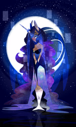 Size: 1500x2500 | Tagged: safe, artist:elemental-fa, artist:ponanya, princess luna, human, breasts, cleavage, clothes, dress, eyeshadow, female, full moon, hair over one eye, horned humanization, humanized, looking at you, makeup, moon, night, solo, starry mane, stars