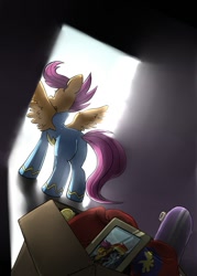 Size: 1000x1399 | Tagged: safe, artist:uc77, rainbow dash, scootaloo, pegasus, pony, older, scooter, wonderbolts