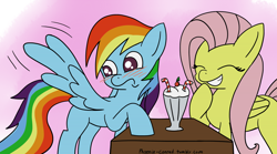 Size: 1100x611 | Tagged: safe, artist:phoenix-conrad, fluttershy, rainbow dash, pegasus, pony, 30 minute art challenge, blushing, female, flutterdash, lesbian, shipping, wingboner