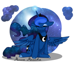 Size: 1024x883 | Tagged: safe, artist:graceyriver, artist:meninamazinha, princess luna, alicorn, pony, collaboration, eyes closed, floppy ears, galaxy mane, sitting, solo, spread wings, wings