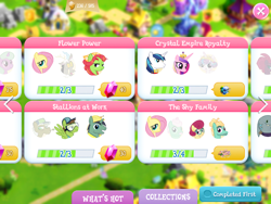 Size: 2048x1536 | Tagged: safe, constructicorn, discord, douglas spruce, evergreen, fluttershy, gentle breeze, max raid, posey shy, princess cadance, princess flurry heart, shining armor, tempest shadow, tree hugger, zephyr breeze, alicorn, pegasus, pony, unicorn, apple stars, collection, game screencap, gameloft, public works pony