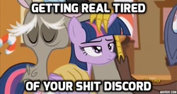 Size: 600x320 | Tagged: safe, derpibooru import, screencap, discord, twilight sparkle, twilight sparkle (alicorn), alicorn, pony, what about discord?, caption, captioned, discovery family logo, female, mare, petting, vulgar