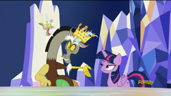 Size: 1600x900 | Tagged: safe, derpibooru import, screencap, discord, twilight sparkle, twilight sparkle (alicorn), alicorn, draconequus, pony, what about discord?, crown, discovery family logo, female, friendship throne, king discord, male, mare, throne, unamused