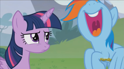 Size: 853x478 | Tagged: safe, derpibooru import, screencap, rainbow dash, twilight sparkle, twilight sparkle (alicorn), alicorn, pegasus, pony, what about discord?, discovery family logo, female, laughing, mare, nose in the air, volumetric mouth