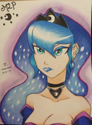 Size: 960x1302 | Tagged: safe, artist:emichaca, princess luna, human, choker, humanized, jewelry, light skin, solo, traditional art