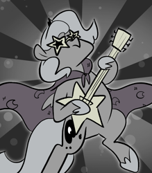 Size: 666x761 | Tagged: safe, artist:egophiliac, princess luna, alicorn, pony, ask, awesome, brodyquest, cape, clothes, crowning moment of awesome, electric guitar, epic, female, filly, flying, guitar, like a boss, looking up, marauder's mantle, monochrome, moonstuck, neo noir, partial color, solo, space, spread wings, stars, sunglasses, tumblr, wings, woona, younger