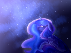 Size: 1600x1200 | Tagged: safe, artist:shiromidorii, princess luna, alicorn, pony, female, floppy ears, lineless, looking away, looking up, mare, night, prone, signature, smiling, solo, stars