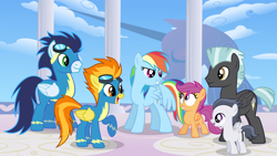 Size: 1920x1080 | Tagged: safe, artist:adcoon, rainbow dash, rumble, scootaloo, soarin', spitfire, thunderlane, pegasus, pony, colt, female, filly, foal, goggles, male, rumbloo, shipping, soarindash, straight, wonderbolts, wonderbolts uniform