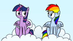 Size: 1024x577 | Tagged: safe, artist:petirep, rainbow dash, twilight sparkle, twilight sparkle (alicorn), alicorn, pegasus, pony, alicorn day, cloud, female, mare