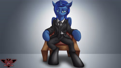 Size: 3840x2160 | Tagged: safe, artist:tsaritsaluna, princess luna, alicorn, pony, alternate hairstyle, chair, clothes, looking at you, necktie, sitting, suit, vladimir putin