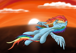 Size: 4092x2893 | Tagged: safe, artist:alexthebrony, rainbow dash, pegasus, pony, blue coat, female, mare, multicolored mane, sunset