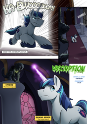 Size: 1800x2561 | Tagged: safe, artist:ponyanony, part of a series, part of a set, shining armor, oc, oc:stheno, draconequus, pony, unicorn, comic:absorption, canterlot castle, comic, descriptive noise, draconequus oc