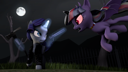 Size: 1920x1080 | Tagged: safe, artist:fd-daylight, derpibooru import, rarity, twilight sparkle, twilight sparkle (alicorn), alicorn, bat pony, pony, 3d, axe, bat ponified, clothes, full moon, gun, horn, levitation, magic, moon, night sky, open mouth, race swap, raised hoof, red eyes, source filmmaker, telekinesis, vampire hunter, weapon