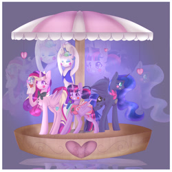 Size: 2178x2177 | Tagged: safe, artist:clefficia, princess cadance, princess celestia, princess flurry heart, princess luna, twilight sparkle, twilight sparkle (alicorn), alicorn, pony, alicorn pentarchy, bow, clothes, crossover, five nights at freddy's, hand puppet, microphone, neck bow