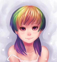 Size: 700x770 | Tagged: safe, artist:ninjaham, rainbow dash, clothes, female, humanized, multicolored hair, simple background