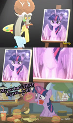 Size: 1108x1855 | Tagged: safe, artist:sonicandamy, derpibooru import, coco crusoe, discord, twilight sparkle, twilight sparkle (alicorn), alicorn, pony, what about discord?, artist, ass, burger, dialogue, discord's painting, drawing, eating, exploitable meme, female, mare, meme, twilight burgkle